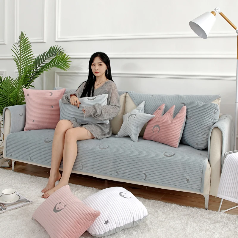 High-grade embroidery New short plush fabric Winter sofa cushion slip combination sofa cover backrest towel cushion four seasons