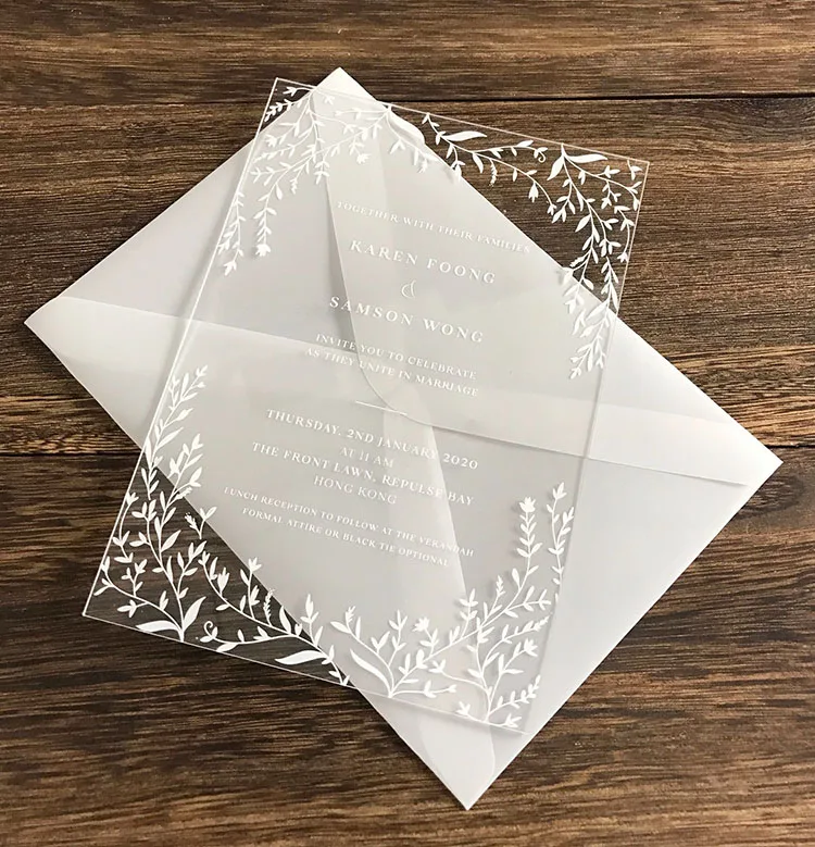  2020 white print clear acrylic wedding invitation with leaves design - 33008334706