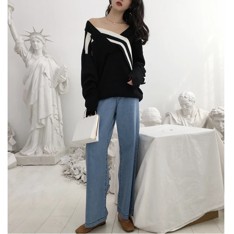 Patchwork Striped Tops Female Pullovers Sweater V Neck Batwing Long Sleeve Loose Hit Color Women's Sweaters DC590