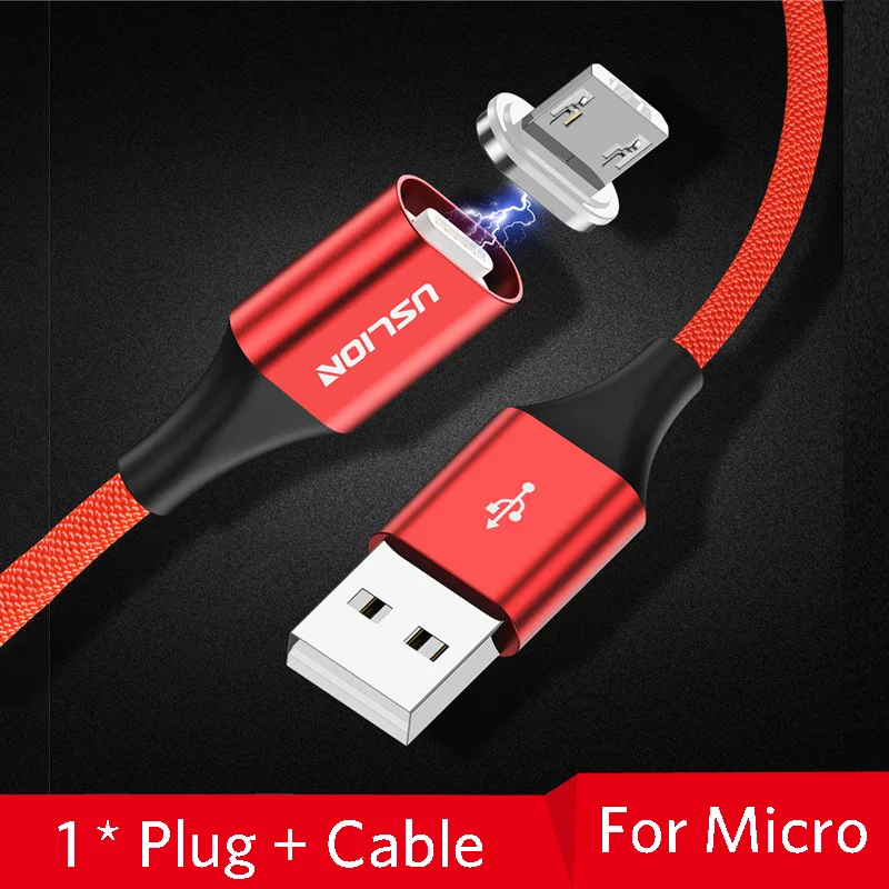 Магнитный кабель USLION, 3 А, кабель для быстрой зарядки usb type C и кабель Micro USB, магнитный кабель для зарядки и передачи данных, кабели для мобильных телефонов - Цвет: Red For Micro