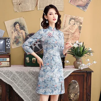 

Blue Print Flower Lady Qipao Cheongsam Mandarin Collar Slim Tight Chinese Dress Evening Party Gown Full Sleeve Classic Vestidos