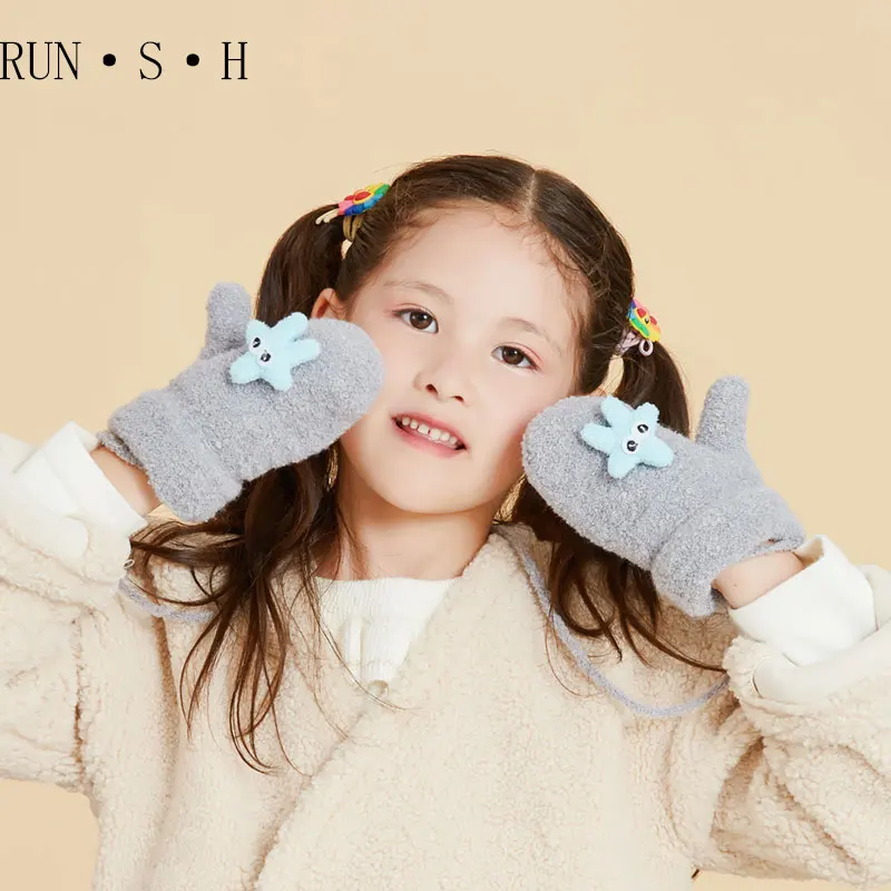 Lovely Animal Child Windproof Gloves Winter Men and Women Plus Velvet Keep Warm Imitation Sheep Lamb Hanging Neck Fawn Mitten