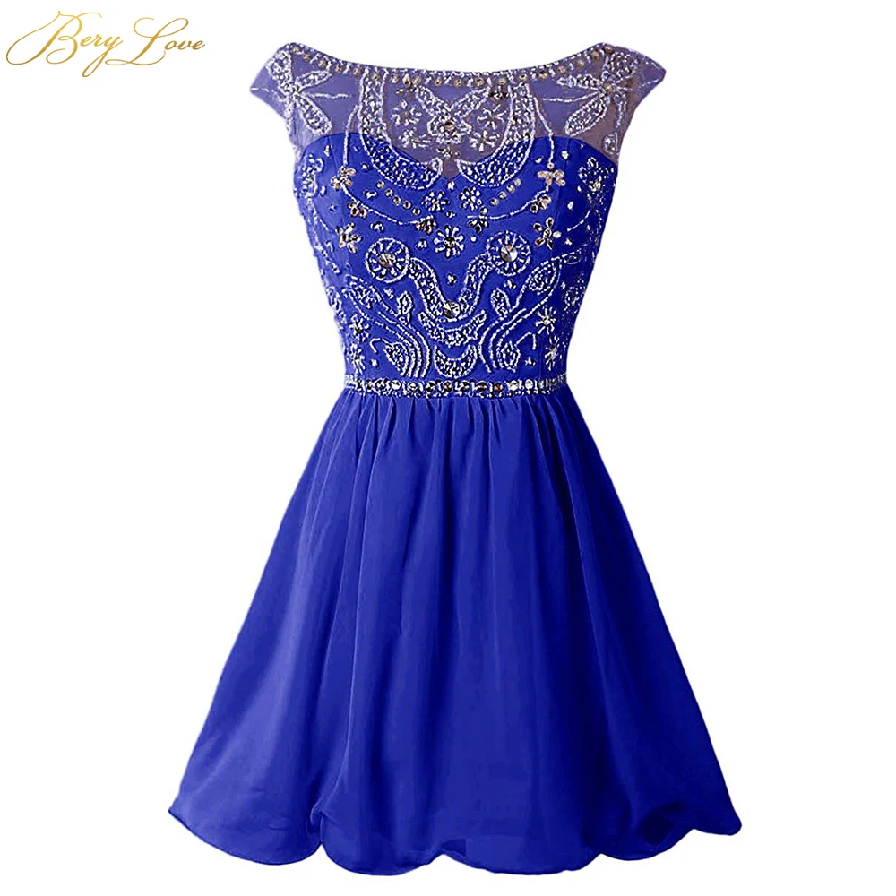 Royal Blue BeryLove простой дешёвый короткий с украшением в виде кристаллов платье для выпускного вечера бирюзового цвета с блестками платье для выпускного вечера гофрированный шифон Вечерние Платье Выпускной платье - Цвет: Royal Blue