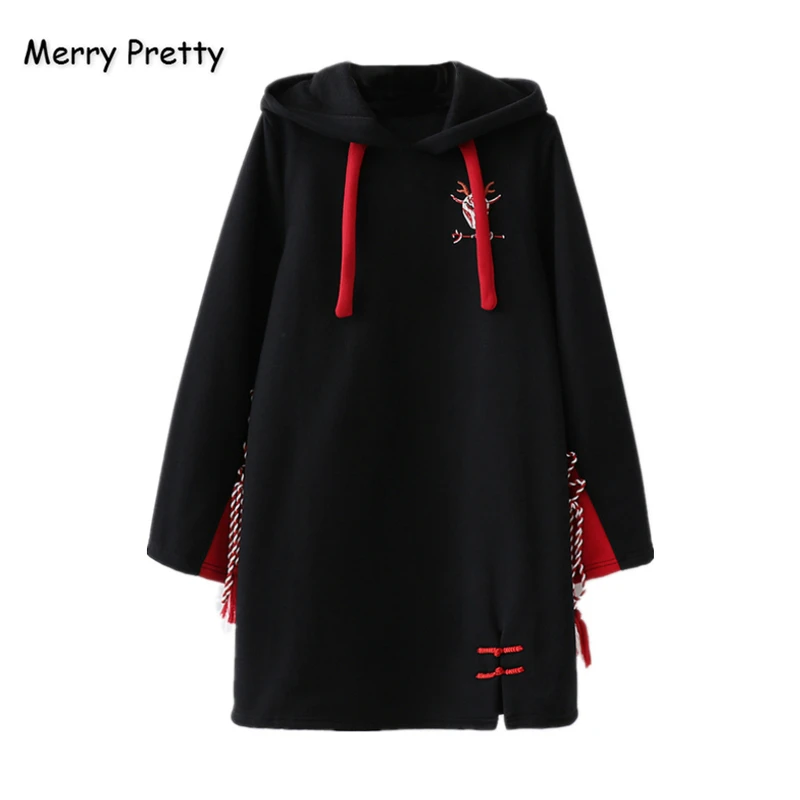 Женский Длинный свитшот Merry Pretty Черный с мультяшной вышивкой в стиле Харадзюку