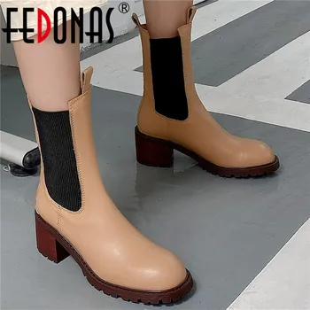 

FEDONAS 2020 Winter Newest Genuine Leather Mid-Calf Boots Female Round Toe Thick Heels Pumps Office Lady Working Shoes Woman