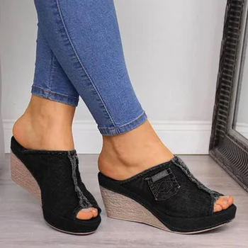 

Summer Ladies Shoes Slipper Heels Stylish Womens Black Cowboy Comfortable Open-Toe Shoes Slipper Wedges Platform Open Sandals