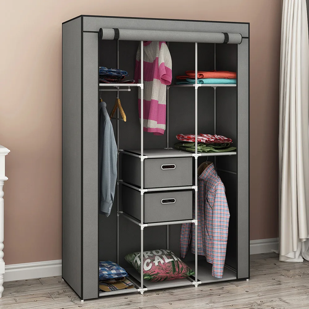 

Cross Border for with Drawer Simplicity Cloth Wardrobe Economical Assembly Fabric Bedroom Dormitory Cabinet Wardrobe Foreign Tra