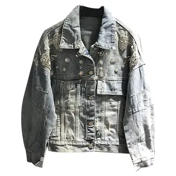

2019 Autumn new denim coat women heavy work diamond loose long sleeve jeans jacket