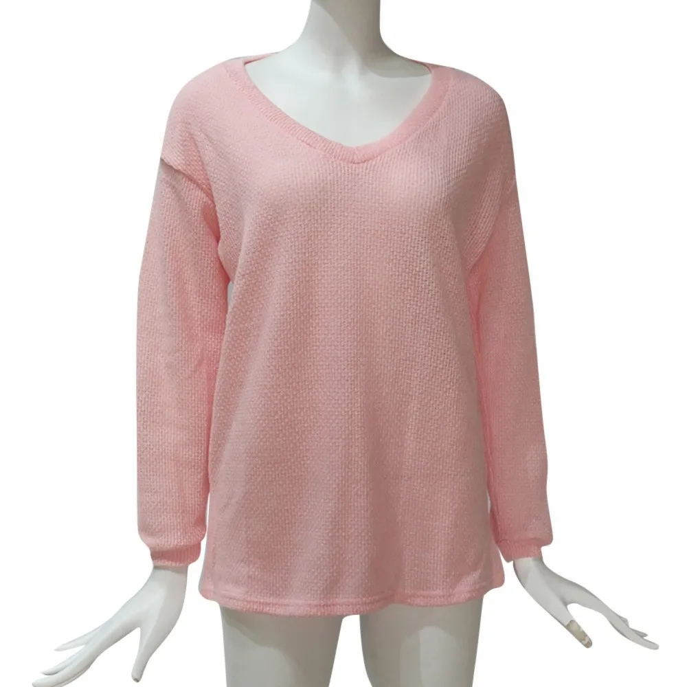 Женщины v-образным вырезом Твердые свободные топы с длинным рукавом Вязание свитер блузка зимняя одежда для женщин - Цвет: Pink