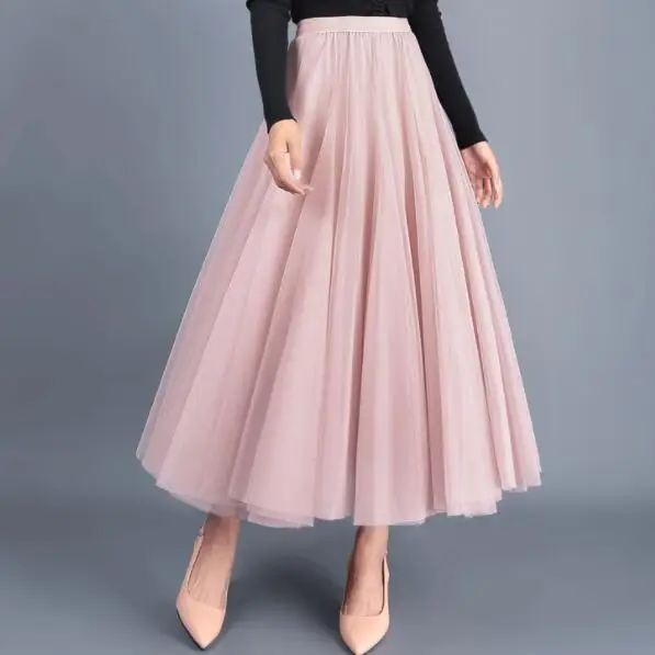 Skirts Womens 3 Layers Black Beige Pink Tulle Vintage High Waist Tutu Skirts Mesh Pleated Womens Saia Female Jupe Longue DV691