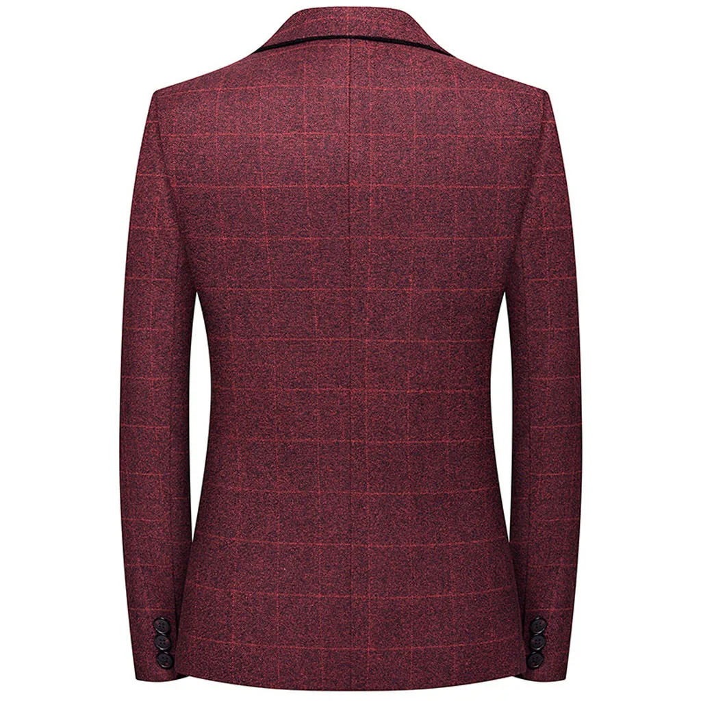 Men's Autumn Winter Wine Red Plaid Fashion Leisure Suit Jacket Wedding Groom Singer Slim Fit Lapel Blazer Hombre Masculino#R