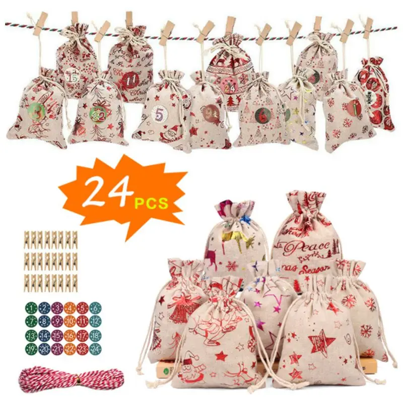 

24pcs/set Christmas Series Advent Calendar Filling Candy Bag Stickers Clips Bags Storage bag drawstring design Linen