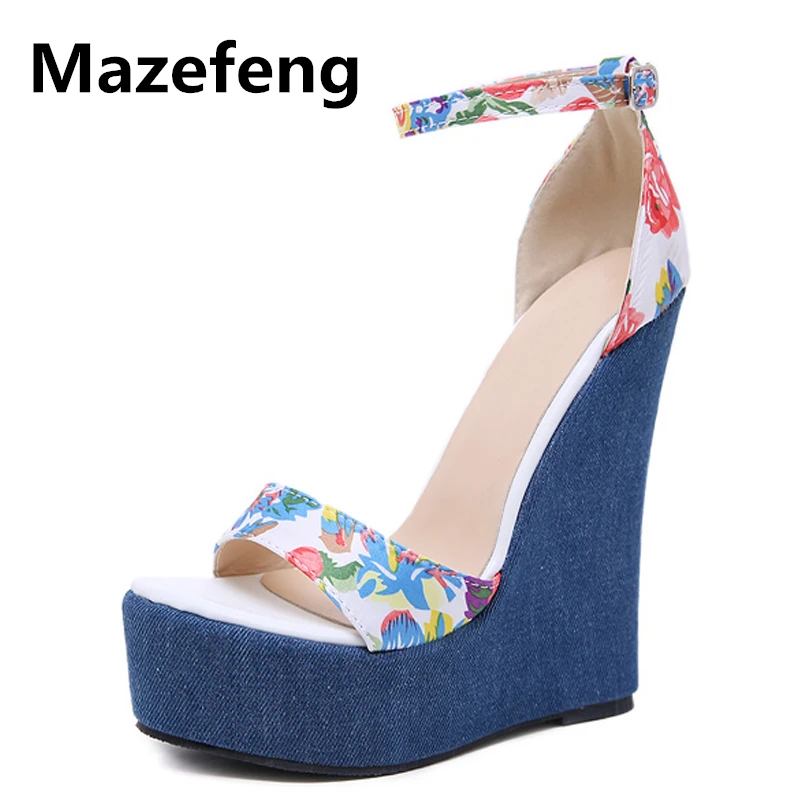 

2019 New Designer Print Denim Sandals Roman Sandals High Quality Wedges High Heels Peep-Toe Platform Shoes Woman Plus Size 35-42