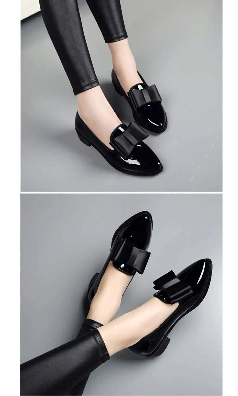 Женские туфли-лодочки; модные тонкие туфли из блестящей лакированной кожи с бантом на массивном низком каблуке; женские туфли-лодочки с острым носком; zapato mujer