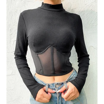 

Black Ribbed Patchwork Shirt Women Harajuku Long Sleeve Mesh Hollow Out Crop Top Skinny Tees Tshirt Femme Basic T-Shirt