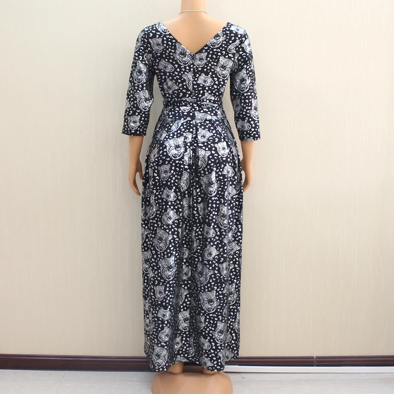 Осенне-зимнее платье с круглым вырезом Женская одежда Boho каникулы животные принт черное Африканское Макси платье ТРАПЕЦИЕВИДНОЕ длинное платье