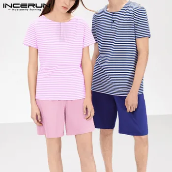 

INCERUN Men Pajamas Sets Short Sleeve Striped Tops Solid Shorts Homewear Unisex Nightgown Loose Soft Women Couple Sleepwear Sets