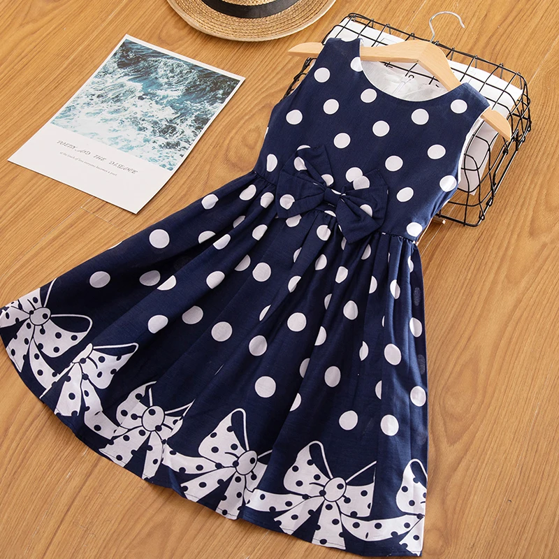 От 3 до 12 лет платье в горошек для девочек; коллекция года; Летнее бальное платье без рукавов с бантом; Детские платья принцессы; детская одежда - Цвет: Dress 1 Blue