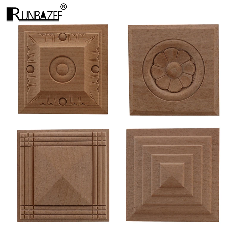 European Decal Square Solid Round Door Heart Flower Furniture Decoration Accessories Carved Walls Wood Applique Onlay RUNBAZEF ornament crafts
