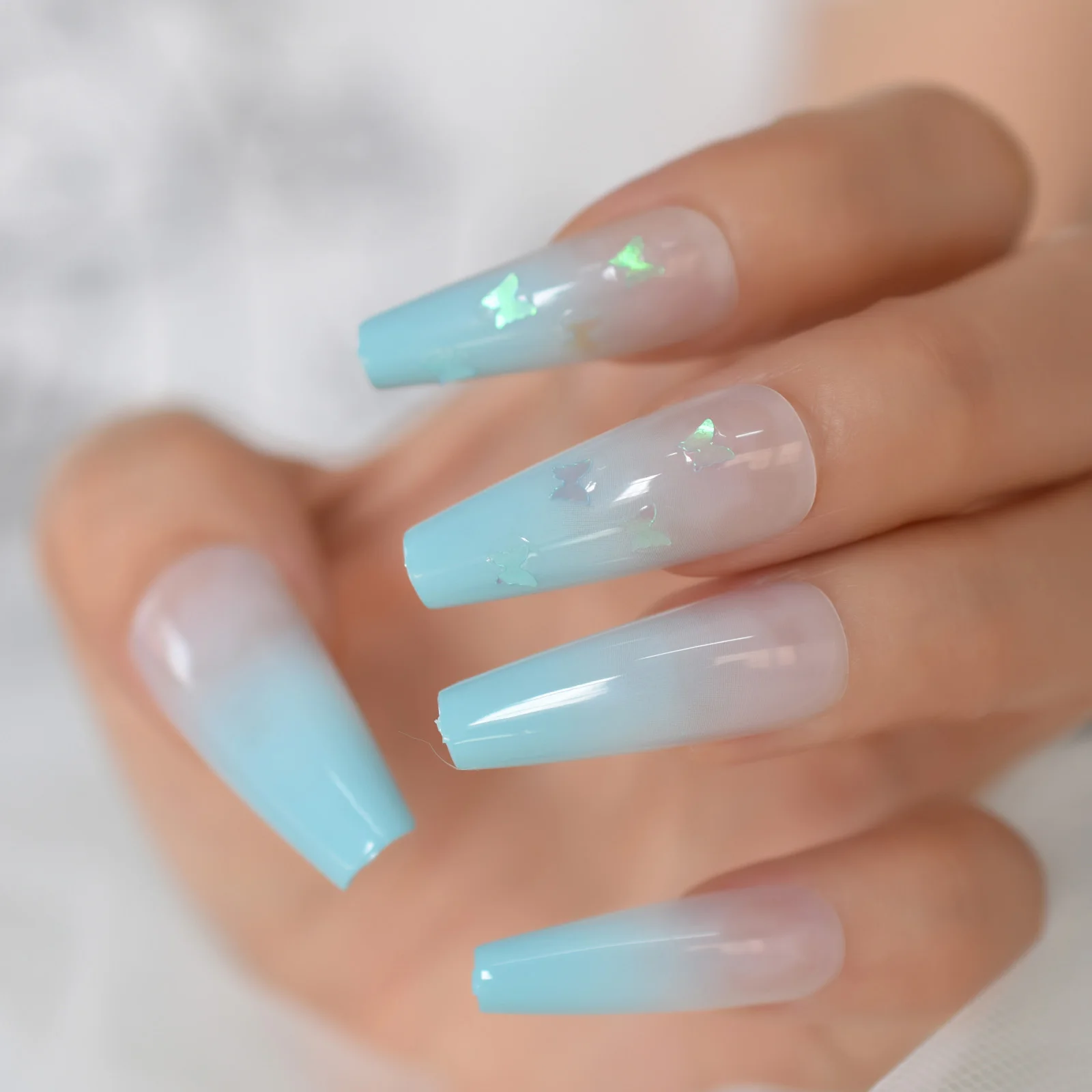 Ombre Sky Blue Coffin Nails Holo Butterfly Decorative Long Press On Nails Clear Spirit Lady False Nails Set 24 Nov False Nails Aliexpress
