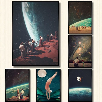 

Night Sky Art Prints Earth Canvas Posters Surrealism Galaxy Space Moon Canvas Painting Swiming Cosmic Wall Pictures Sci-Fi Decor