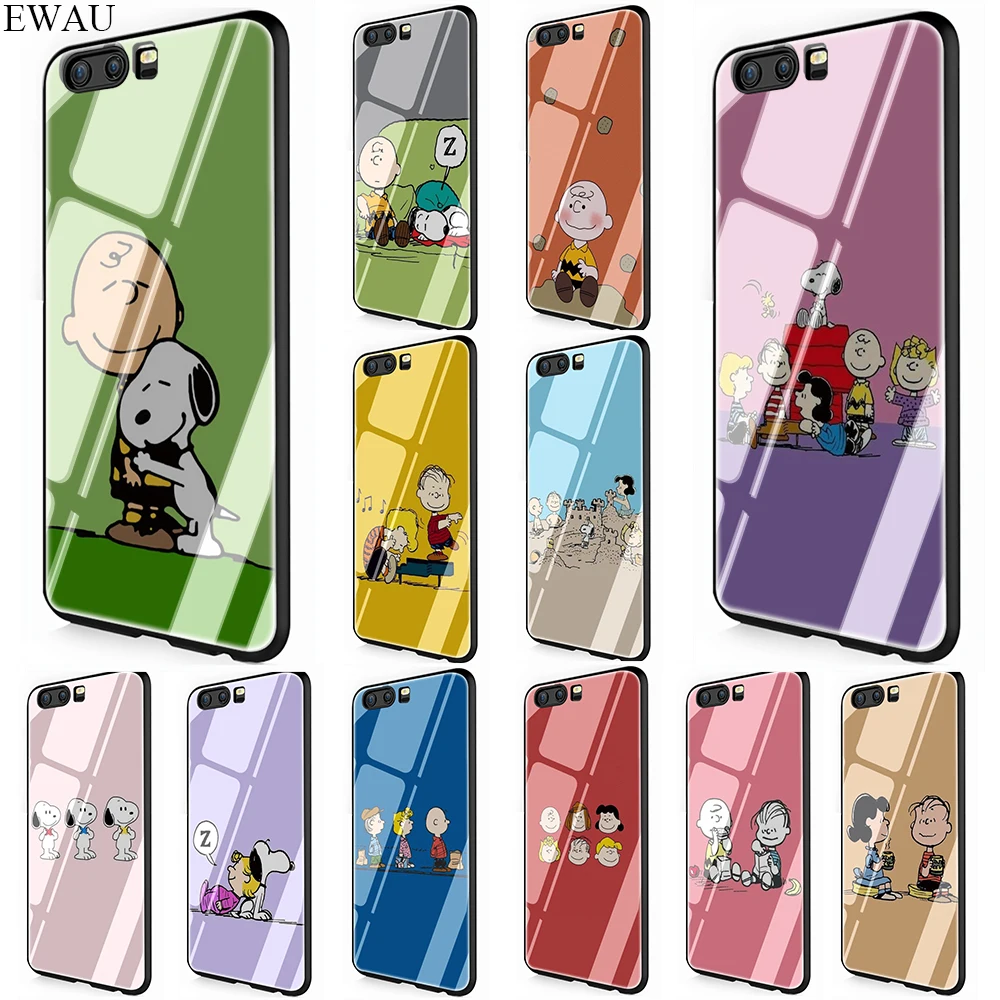 

EWAU PEANUTS Pattern Tempered Glass Phone Cover Case For Huawei Mate P 10 20 30 Lite Pro Y9 Honor 8X 7A