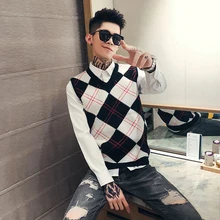 Зимний свитер жилет мужской тонкий теплый модный ретро повседневный клетчатый свитер с v-образным вырезом пуловер Мужской уличная дикий свитер без рукавов