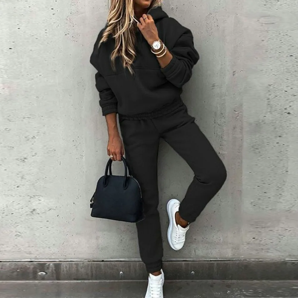 Tracksuit Women Solid Sets Female Warm Hoodie Sweatshirts And Long Pant Fashion 2 Pieces Sets Oversized Sweatshirt Suits