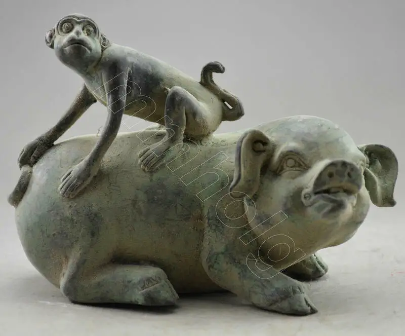 

Antique Excellent China Old Bronze Carved Statue Carved Monkey on Pig