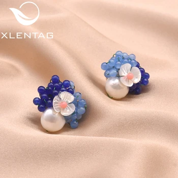 

XlentAg 925 Sterling Silver Big Stud Earrings For Women White Freshwater Pearl Blue Natural Stone Shell Flower Earrings GE0017B