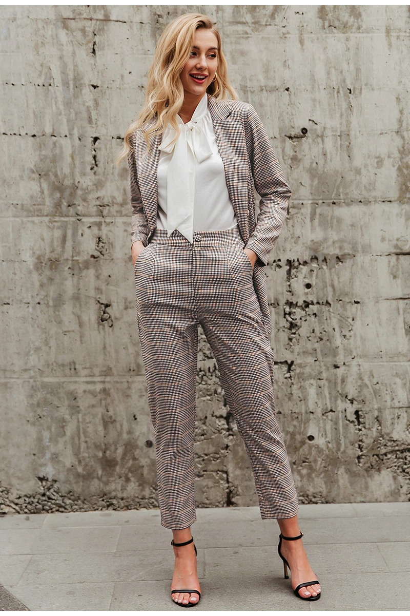 Simplee Office ladies plaid blazer suit Double breasted pockets female blazer pants set Streetwear elegant women blazer set stylish pant suits