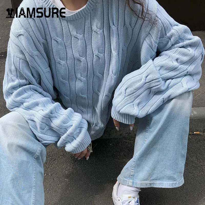 

IAMSURE 2020 Autumn Long Sleeve Oversize Grey Knitted Pullover Sweater For Women Preppy Style Female Casual Loose 90s Sweater