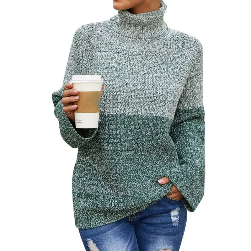 Women Sweater High Collar Autumn Winter Loose Sweater Casual Stitching Color Warm Sweater Coat For Women Women Sweater High Collar Autumn Winter Loose Sweater Casual Stitching Color Warm Sweater Coat For Women