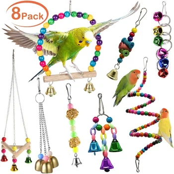 

8 Packs Bird Parrot Toys Bird Swing Toys Parrot Chewing Hanging Perches with Bells for Parrot Macaws Finches Other Small Birds