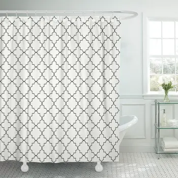

Geometric Line Monochrome Lattice Arabic Pattern Oriental Tiling White Shower Curtain Waterproof Polyester Fabric 72 x 72 Inches