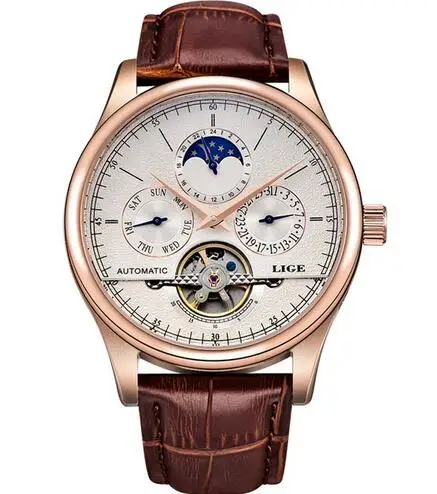 rose gold white LIGE брендовые классические мужские ретро часы автоматические механические часы Tourbillon часы из натуральной кожи водонепроницаемые деловые наручные часы - Цвет: rose gold white