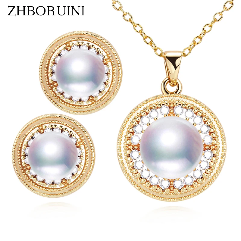 

ZHBORUINI Gold Coin Shape Pearl Jewelry Sets Round Natural Freshwater Pearl Necklace Earrings Cover With 14k Gold Leaf For Women