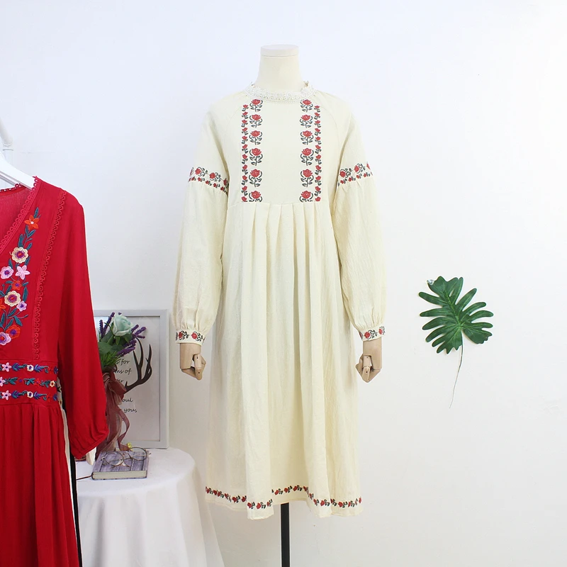 Embroidery Retro Midi Floral Women Sleeve Loose Lace Patchwork Ladies Summer Autumn Boho Beach Party Long Dress | Женская одежда