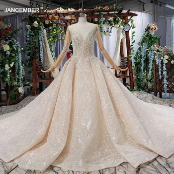 شراءفستان زفاف HTL637 2020 مع ذيل كاتدرائي الوهم كم كامل مطرز بالخرز فستان الزفاف كم طويل Vestido De Novia Con Manga