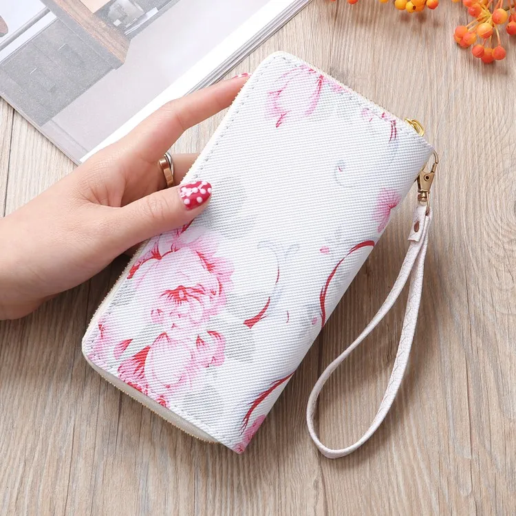 Женский Длинный кошелек с цветочным принтом, милый клатч, женские вечерние сумочки, элегантный длинный розовый узор, женская сумка для карт, кошелек#102y25