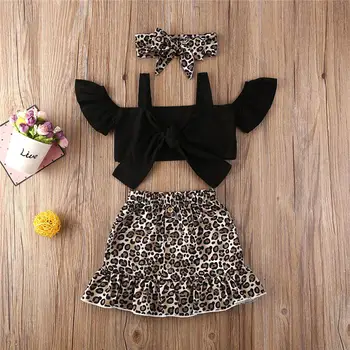 

2020 Summer Baby Girl Clothes Set Off Shoulder Bow Black Top+Leopard Short Skirt+Headband 3pcs Suit Toddler Children Outfit