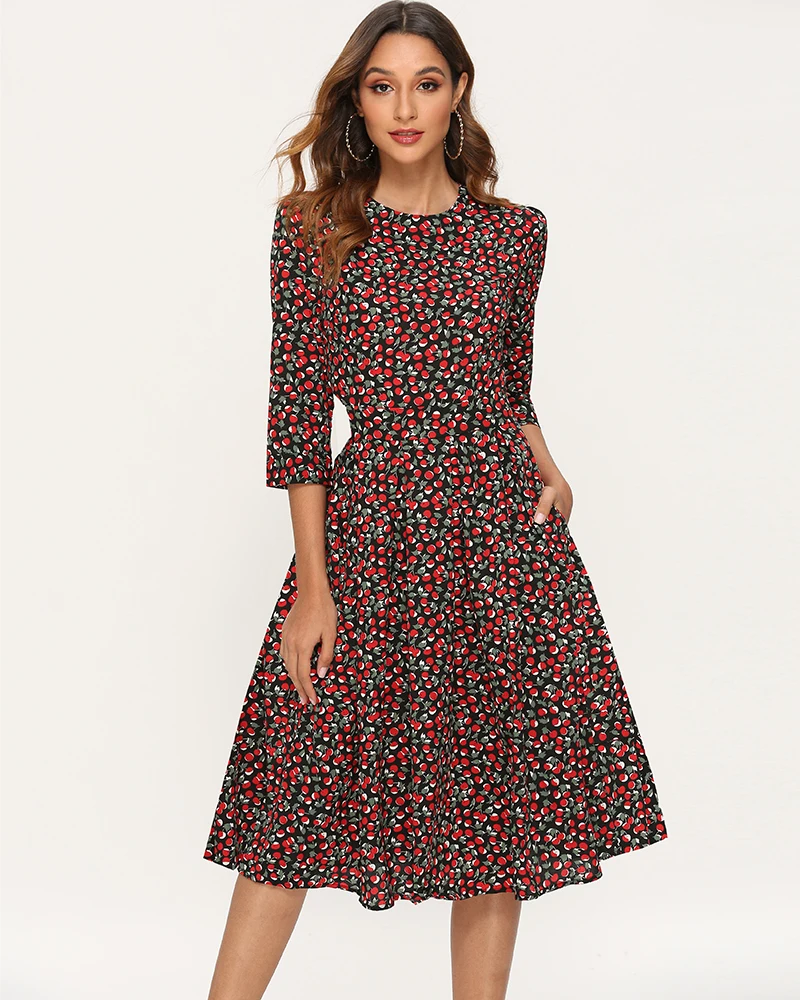 Винтажное женское платье трапециевидной формы в горошек, классическое элегантное платье с рукавом три четверти и круглым вырезом, туника миди, Платья для вечеринок, плиссированное платье для женщин, Vestido