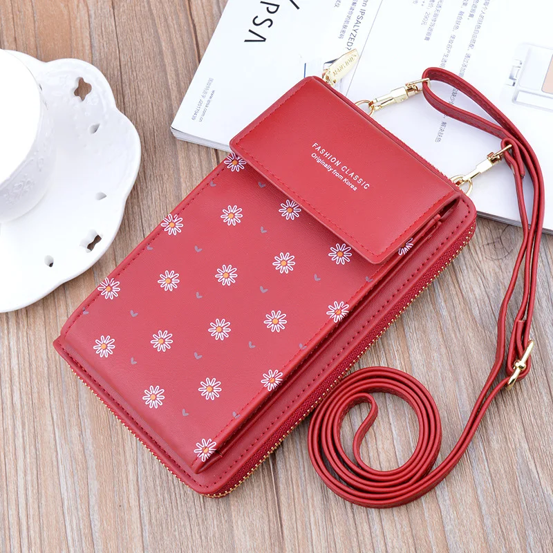 

Cute Flower Printing PU Cell Phone Purse Girls Small Roomy Women Clutch Portable Long Strap Shoulder Bag Practical Female Wallet