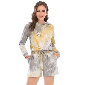 

Autumn and Winter Women Tie-Dye Drawstrings Pajamas Set Long Sleeve Hoodie Tunic and Elastic Waist Shorts Split Sleepwear