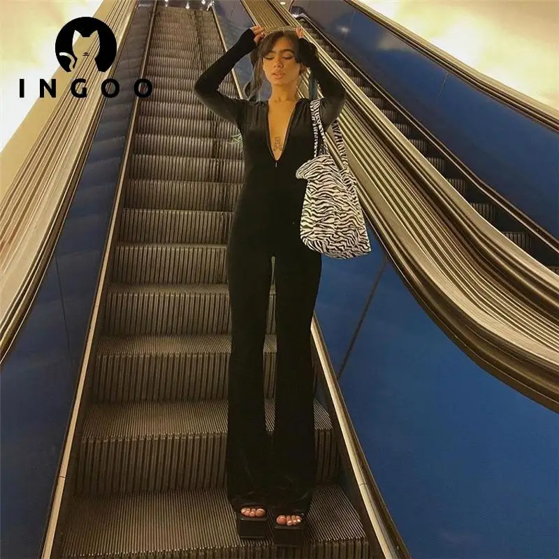 

INGOO Black Velour Bodycon Jumpsuit Women Sexy Zip Up Long Sleeve Hooded Cardigan Straight Flared Slim Romper Casual Streetwear
