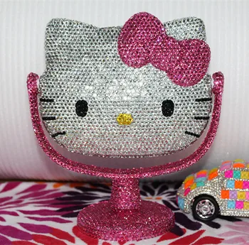 

Handmade Diamond Helloo Kitty Kawaii Makeup Bedroom Mirror Cute Cat Room Decor Mirror Rhinestone KT Bling Decorative Mirrors
