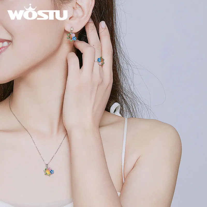 WOSTU 925 пробы Серебряные Красочные цветы серьги гвоздики и кольцо и ожерелье Ювелирные наборы для женщин модные ювелирные изделия XCS149