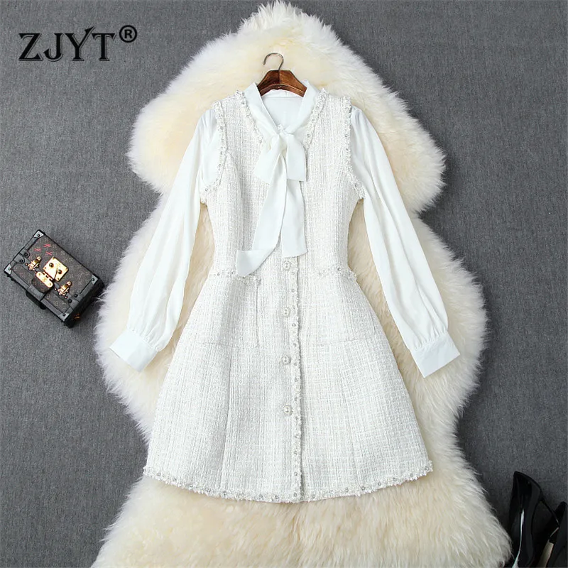 

Fashion Fall Winter Dress Women 2019 New Runway Designer Bow Collar White Chiffon Blouse+Beading Tweed Woolen Tank Dress 2pcs