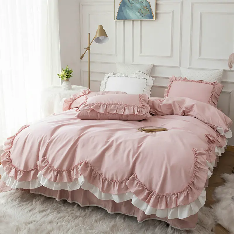 Korean Bedding Set Lotus Leaf Side 4pcs Bed Skirt Quilt Cover 4 Season Pure Cotton Princess Wind Sheet Court Style Bedding Set