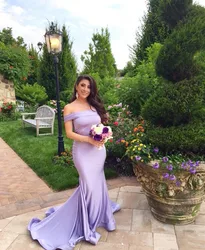 Modest Long Lavender Mermaid Bridesmaid Dresses 2022 Off The Shoulder Sweep Train Garden Wedding Guest Prom Gowns